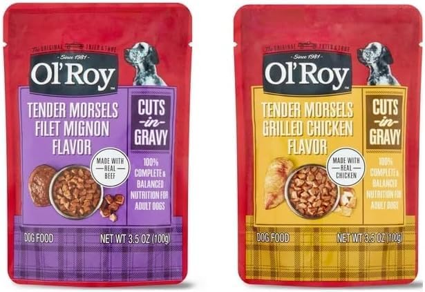 Ol's Roys Cuts in Gravy Wet Dog Food Variety Pack, Tender Morsels Filet Mignon Flavor and Tender Morsels Grilled Chicken Flavor, (2 Boxes with 8 Pouches of 3.5 oz).