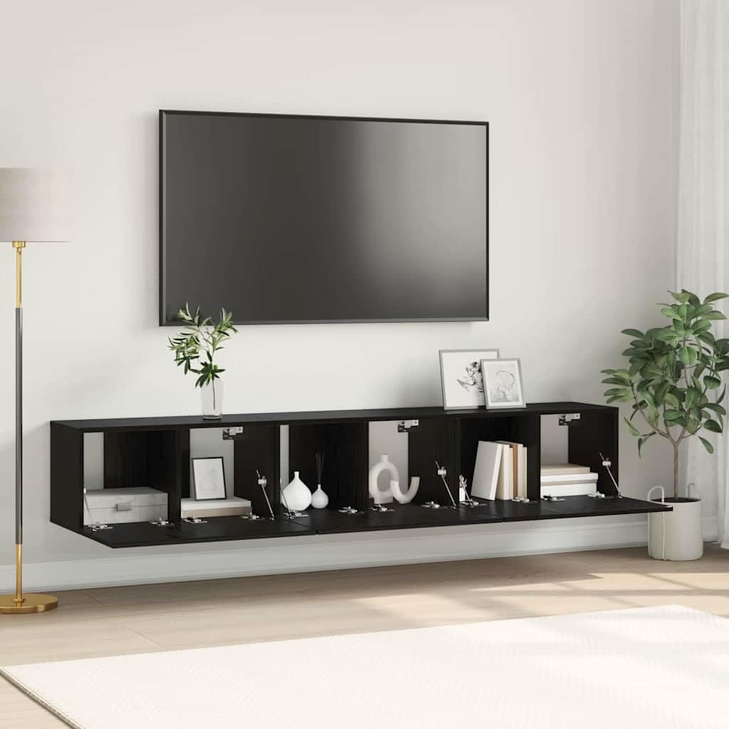 Set di 3 mobili per TV in legno nero, 60 x 30 x 30 cm, montaggio a parete con spazio e gestione dei cavi, per soggiorno, camera da letto, gaming e home theatre