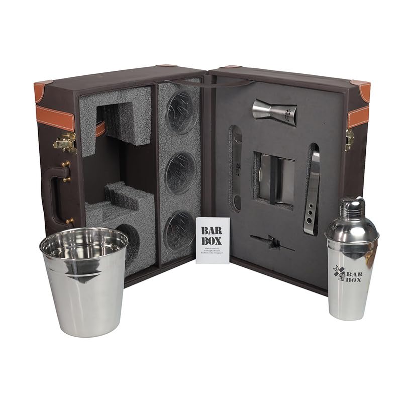 Image of Bar Box Portable Bar Set with 3 Whiskey Glasses, Cocktail Shaker Set, and Bar Tools - Brown Leatherette Bar Kit with Stainless Steel Accessories for Home - Perfect Bar Setup & Decor