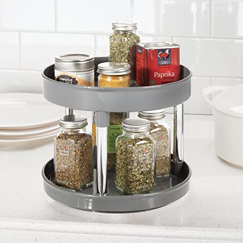 Mdesign 2-Tier Lazy Susan Turntable For Kitchen Cabinets And Fridge - 9" Rotating Organizer - Raised Edge Storage Turntable Organizer For Condiments - Ligne Collection - 2 Pack - Charcoal Gray/Chrome #TOP2