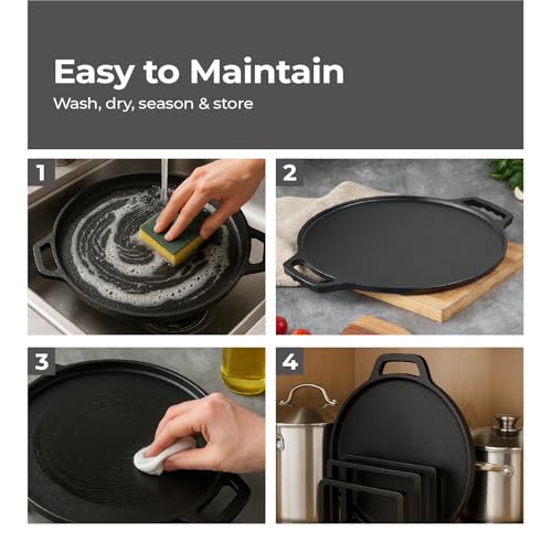 Lifelong 2 in 1 Cast Iron Grill Tawa Pan with Wooden Spatula | 30 cm Reversible Cookware | Dual Surface for Roti, Dosa, Grill, Fish & More |Gas &... - Image 7