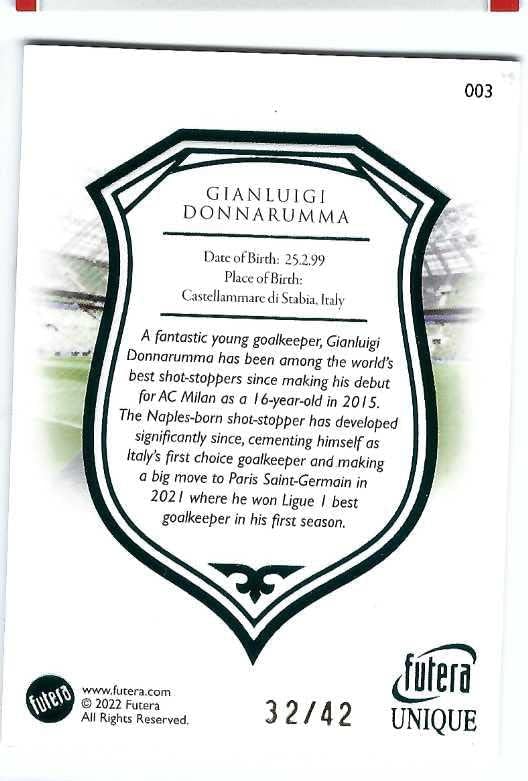 GIANLUIGI DONNARUMMA 2022 Futera Unique World Football Soccer #3 TURQUOISE PARALLEL Card #32 of only 42 Made! Italy PSG Paris St. Germain