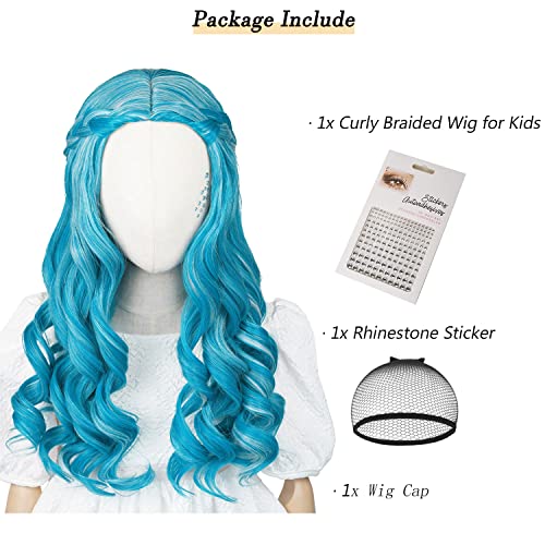 Blue Braids Wig For Kids Girls Curly Alien Cosplay Wigs Princess Elf Costume Hair With Stickers For Halloween Party (Blue Mixed White) #TOP4