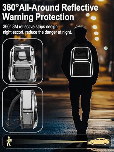 Heavy Duty Clear Backpack For Kids Women Men Boys Girls, 17 Inch Large See Through Backpack, 360° 3M Reflective Strips Clear Bookbag, Transparent Bag For School College Sport Work Travel, Black3