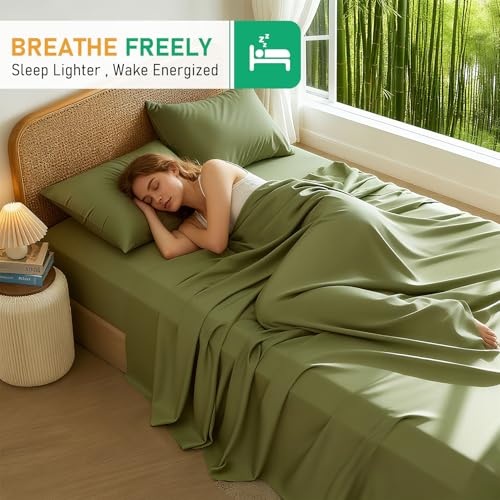 Image of 100% Viscose Derived from Bamboo Sheets Queen Size, Soft & Cooling Viscose from Bamboo Sheets Set, Organically Grown,Breathable & Soft Deep Pocket Up to 18 Inches(Light Green)