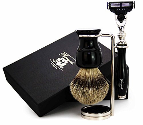 Haryali London Mens Shaving Kit 3 Edge Razor with Silver Tip Badger Hair Shaving Brush and Stainless Steel Stand Perfect Set for Men