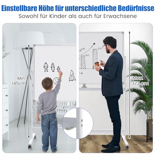 COSTWAY Doppelseitiges mobiles Whiteboard, 120 x 80 cm, höhenverstellbares magnetisches Whiteboard mit Rollen, Ständer und Stiftablage, inkl. Zubehör für Schule, Büro, Zuhause (Weiß)