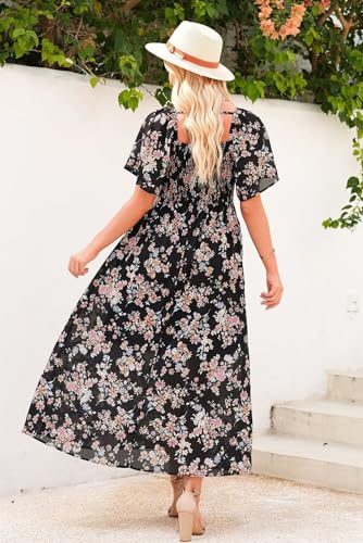 Image of Dokotoo Womens Dresses 2025 Square Neck Tie Backless Summer Dresses Cap Sleeve Floral Buttoned Empire Waist Maxi Dress