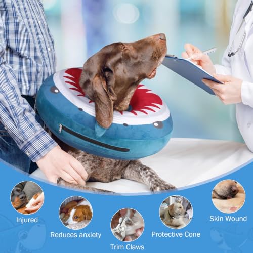 Image of SCENEREAL Dog Cone Alternative After Surgery for Small Medium Large Dogs | Inflatable Cone Collar for Dogs Cats, Adjustable Soft Donut Recovery Collar to Prevent Licking, Shark Print E-Collars