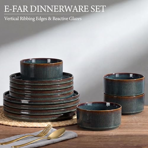 Image of E-far Stoneware Dinnerware Sets for 2, 6-Piece Plates and Bowls Sets, Chip & Scratch Resistant Ribbed Dish Set for Home Restaurant, Microwave & Dishwasher Safe, Blackish Green