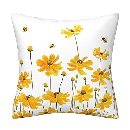 Image of DILOXNSU Yellow Bee Flower Cushion Covers 45 x 45 cm Bee Cushions Covers Double-Sided Square Decorative Pillows Covers for Sofa Garden Livingroom Outdoor Home Decor Cushion Cover 18 x 18 inch