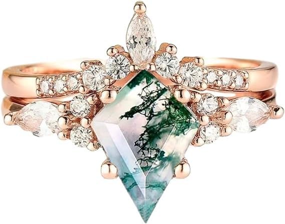 Yarrzhen Moss Agate Gemstone Womens Irregular Zirconia and Diamonds 2-Piece Ring Set 925 Sterling Silver Ring for Women Kite Cut Womens Ring Set for Engagement Silver Jewelry 7Rose Gold