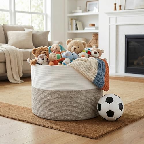 XXXL-Large-Blanket-Basket-for-Living-Room-217-x-138-Woven-Cotton-Rope-Laundry-Hamper-for-Pillows-Towels-Toy-Storage-Decorative-Round-Storage-Basket-with-Handles-for-Nursery-Baby-Dog-Toys