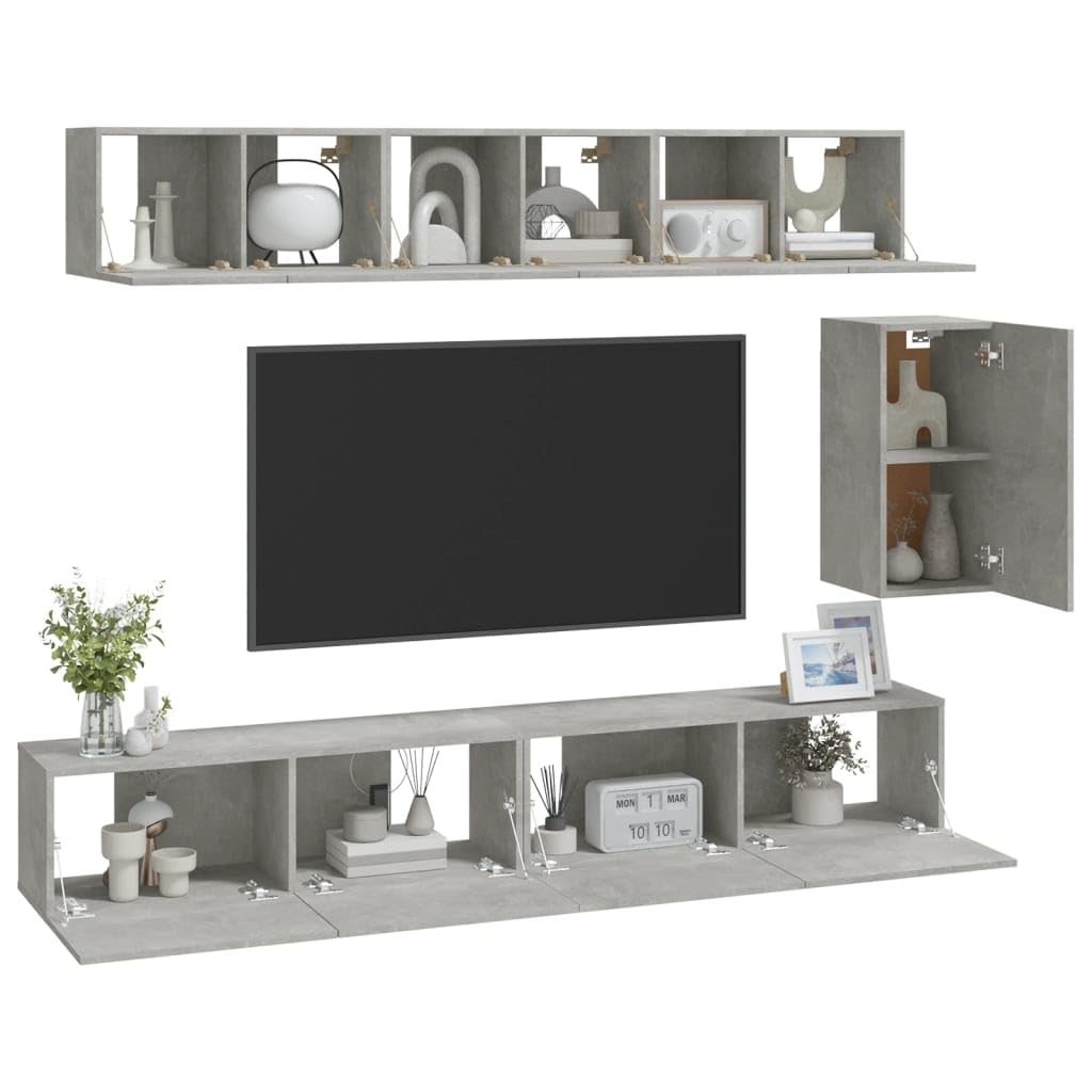 6-TLG. TV-Schrank-Set, Betongrau Holzwerkstoff, modernes Media-Center für Wohnzimmer, stabile Hängeschränke, vielseitige Aufbewahrung