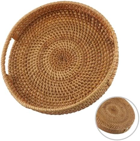 Yuvarlak Rattan Tepsi Yiyecek İçecek Servisi için Meyve Atıştırmalıkları Oturma Odasında Mutfak Çiftlik Evi Çay Odası veya Veranda Sağlam El Dokuması Yapılı (25 cm) - Görsel 6
