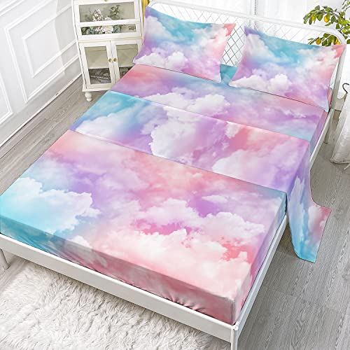 Datura home Sheet Set 4Pcs Fitted and Flat Girls Pink Blue Cloud Sky 3D Digital Printed with 1 + 2 Pillowcases for (Cloud Twin), Twin 67x97 inches