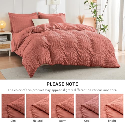 Image of HYMOKEGE Coral Full Size Comforter Sets Seersucker 7 Pieces, All Season Luxury Bed in a Bag for Bedroom, Bedding Set with Comforter, Sheets, Pillowcases & Shams