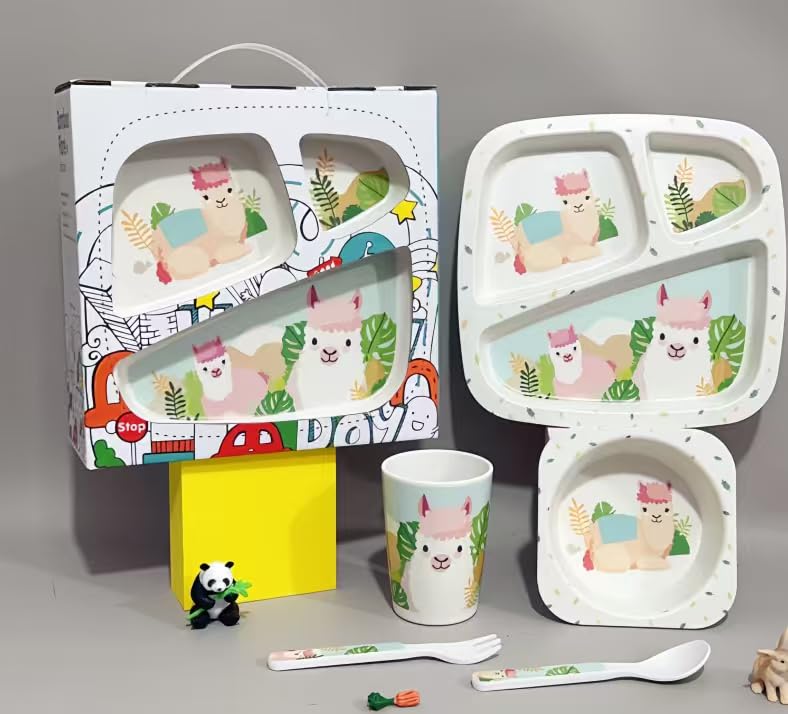 Bamboo Fiber Kids Crockery Set, 5-Piece Dinnerware with Plate Bowl Spoon Fork Glass, BPA Free Lightweight Unbreakable Feeding Set for Babies and Children Organic (Green)-image-25