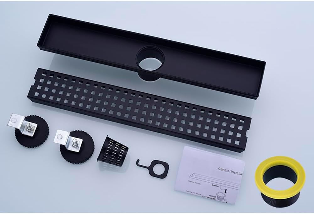 16 Inch Linear Bathroom Shower Rectangular Floor Drain,New Type with Removable Cover Grid Grate, Adjustable Leveling Feet Hair Strainer, SUS304 Stainless Steel,Black