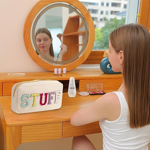 YogoRun Medium Pouch for Purse Glitter Chenille Stuff Pouch Women Nylon Pouch (M, Beige-Stuff) - Image 2