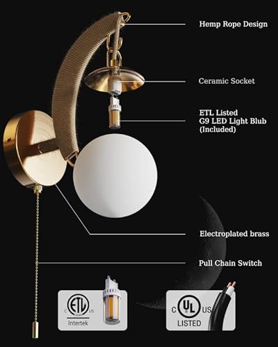 Jackyled Modern Wall Sconce Hardwired With Pull Chain Switch, Moon Shape Decorative Wall Light For Vanity, Bedrooms, Living Rooms, Hallways (G9 Bulbs Included), Gold Brass #TOP1