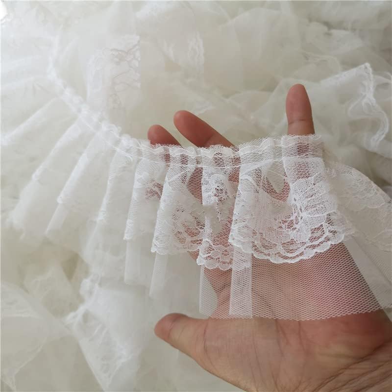 XlyCjkb Lace Trim，Pleated Chiffon Lace Edge Trim ，Soft Double-Layer Mesh Embroidered Pleated Lace DIY Children's Clothes Puffy Cake Skirt Doll Body Crafts Sewing Decor (Color : White, Size : 1 Yard)