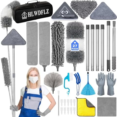 HLWDFLZ Microfiber Duster Kit 27pcs with 30 to 100 Inches Extension Pole and Wall Cleaner Mop, Washable and Bendable Feather Duster for Cleaning Ceiling Fans, High Ceilings, Cobwebs, Blinds, Grey Cover