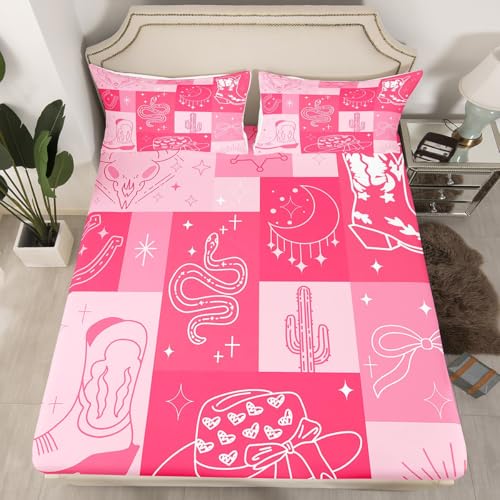 Loussiesd Western Decor - Juego de sábanas bajeras para cama individual, diseño de vaquero salvaje del oeste, estilo grunge, funda de cama estilo vaquero rodeo, color rosa oscuro