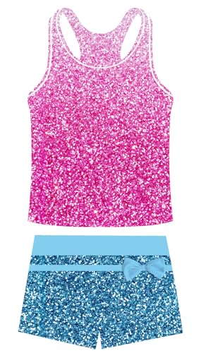 UNIFACO Girls 2 Piece Bathing Suits Glitter Sequins Swimsuits Summer Tankini Beach Swimwear with Boyshorts for 4-13T