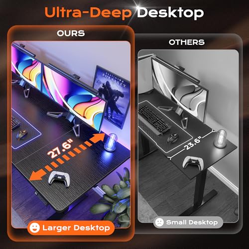Image of Huuger 63 x 28 Large Electric Standing Desk, Height Adjustable Computer Desk, 27.6 inch Deep Desktop, Stand up Gaming Office Table with 2 Hooks, 3 Preset Heights, for Home Office, Black