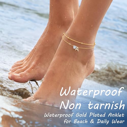 Image of NECOCY Initial Heart Diamond Anklets for Women Waterproof, Non Tarnish 14k Gold Plated Letter Ankle Bracelets Dainty, Summer Beach Bikini Jewelry Gifts for Women