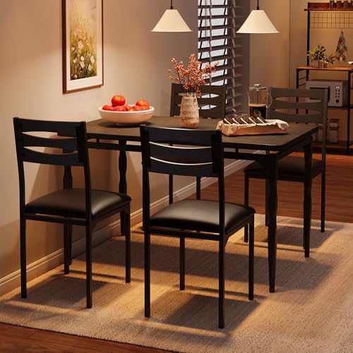 Image of Garvee 5 Piecs Dining Table Set, Farmhouse Style Dining Table and Chairs Set for 4, Dining Set for Dining Room Kitchen Apartment, Black