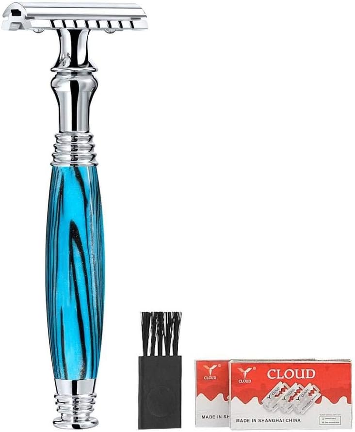 Grandslam Unique Double Edge Safety Razor Fusion 5 blade for Men -Long Handle Special Stylish Luxury Resin Handle for Comfortable Wet Shaving (safety razor, blue)