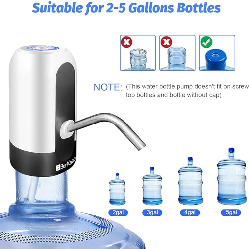 Image of BonKaso Automatic Water Dispenser Pump for 20L Bottle, USB Rechargeable Portable Electric Water Pump with One-Touch Operation, Metal Removable Pipe, Fast Flow Drinking Water Dispenser(Black & White)