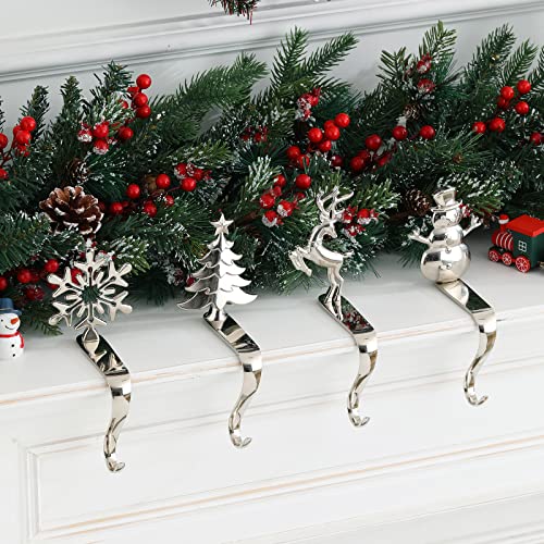NIGHT-GRING Christmas Stocking Holder - Set of 4 Bronze Stocking Hangers with Snowman, Santa, Snowflakes, Christmas Tree, Deer Designs - Hooks for Fireplace, Shelf, Staircases