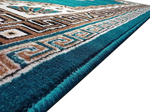 Image of Gold Area Rug with Greek Key Border and Floral Centre (Blue, 6x8) | Living Room & Bedroom, Classic & Modern Decor, Easy to Clean, Soft Pile Design, Fits Under Furniture