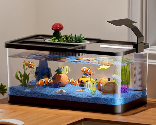 5.3 Gallon Fish Tank, 9 in 1 Betta Fish Tank, Aquarium with LED Full Spectrum 3 Color Light, 3 Modes Filter, Hydroponic Basket, Fishing Net, Shells, Aquatic Plant, Pebbles, Coral, Starter Kit (Black)