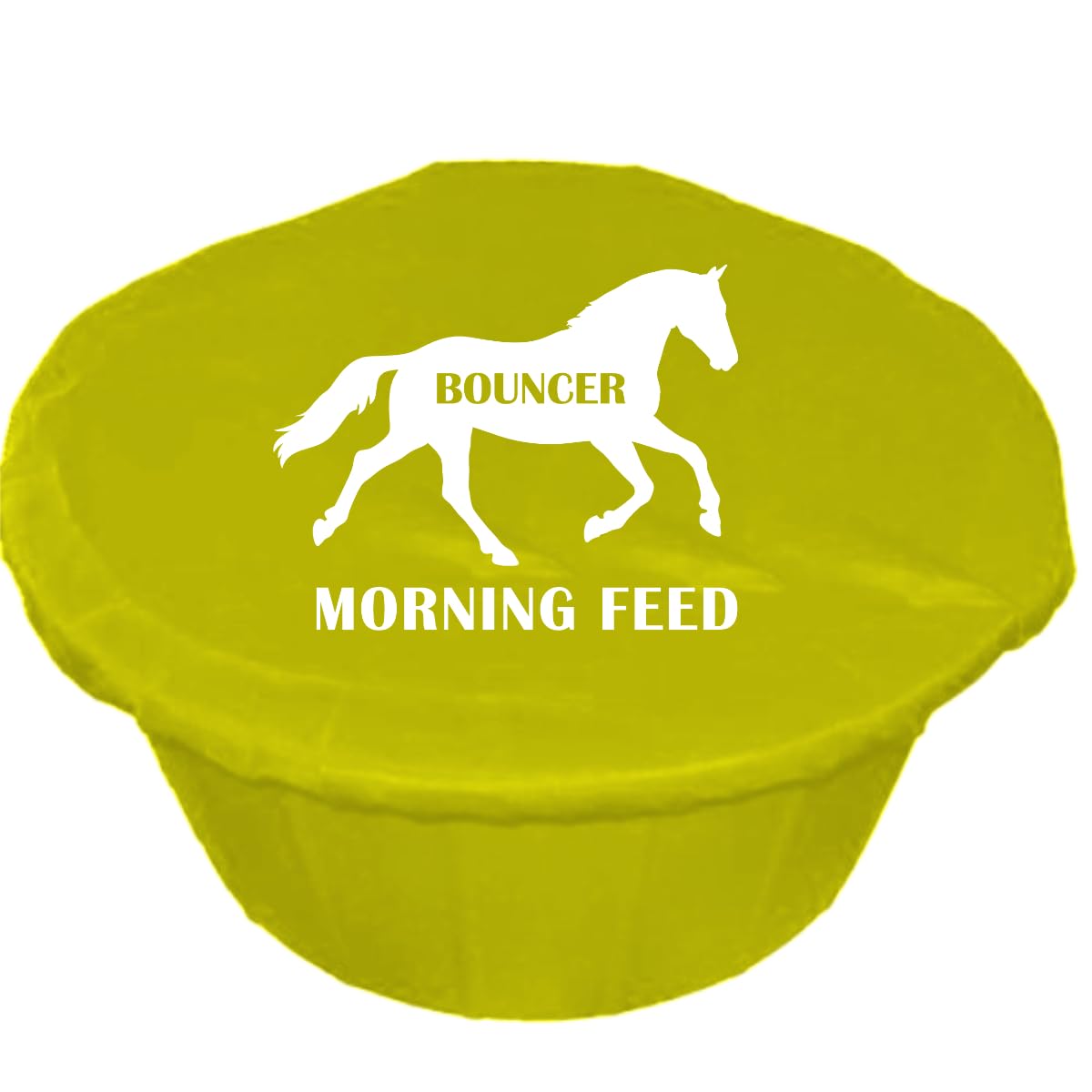 Personalised Horse Feed Bucket Covers, Multi-Coloured, Morning and Teatime Feed Design or Custom Text (White Vinyl, Yellow)