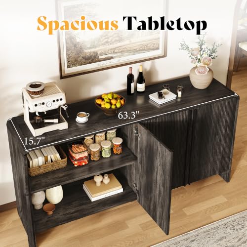 Image of AMERLIFE 63 inch Fluted Sideboard Buffet Cabinet with Storage, Modern Credenza Console with 4 Doors & Adjustable Shelves, Wood Coffee Bar for Kitchen, Living Room, Hallway, Black