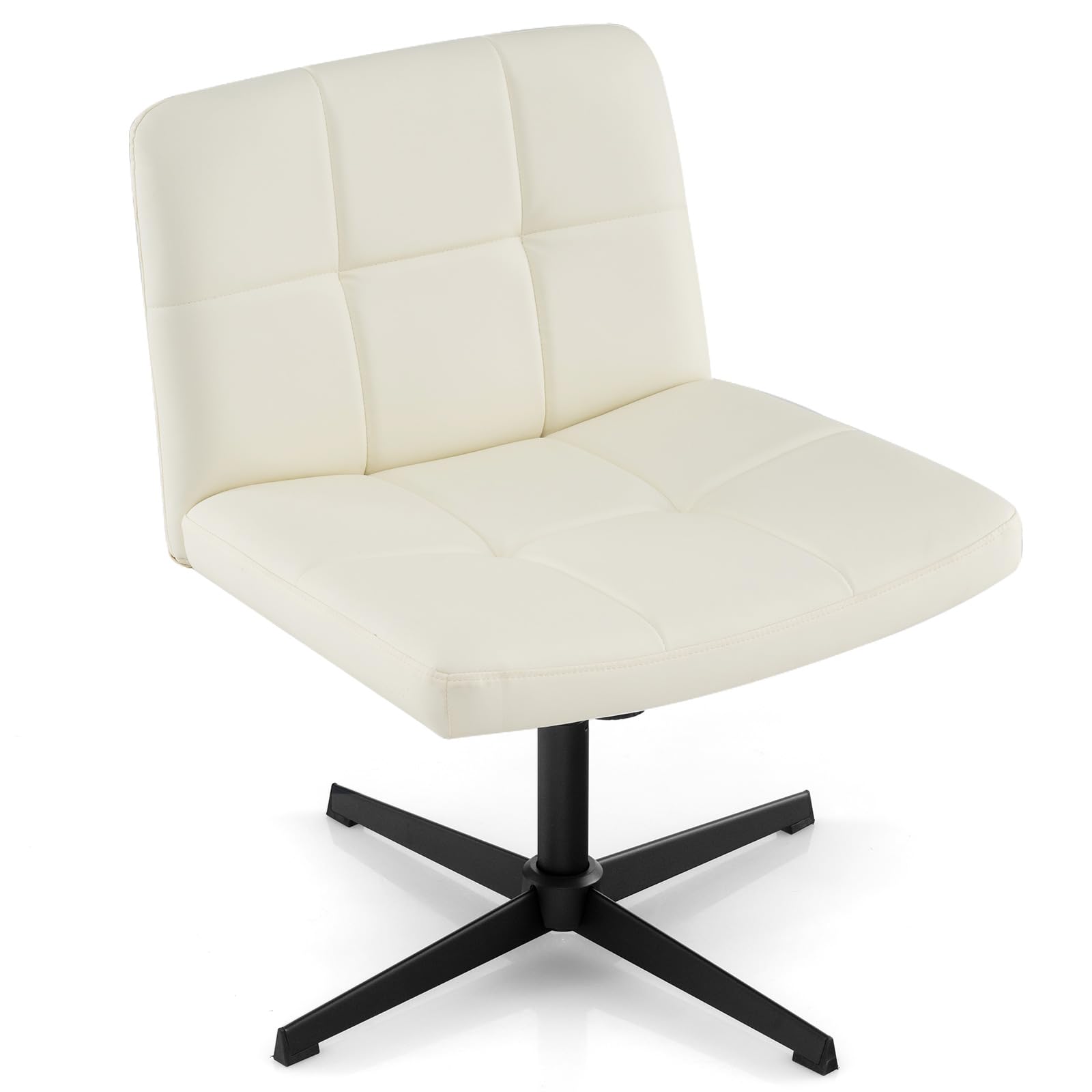 COSTWAY Armless Office Chair, PU Leather Upholstered Cross Legged Computer Desk Chair, Height Adjustable Wide Seat Swivel Vanity Chair for Home Office (no Wheels, Cream White) — image 1