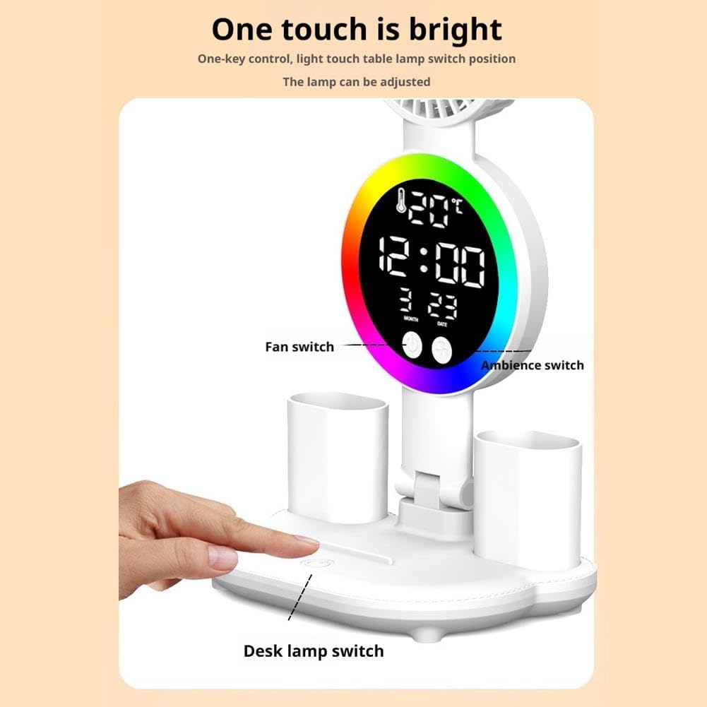 Desk Lamp with Fan – Rechargeable Eye-Protecting Led Study Desk Lamp, with Clock, Pen Holder, Temperature, Multi-Functional for Home, Office, Dorm (Plug-in Model)