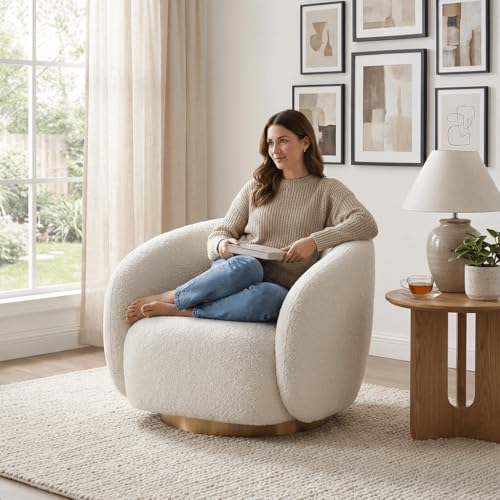 Image of Kingsman Furnitures Brok Swivel Luxury Accent Arm Chair 360 Degree Rotatable Sofa for Home | Bedroom, Living & Drawing Room | Ultra Soft and Comfortable for Lounge (Cream Boucle, Non-Swivel)