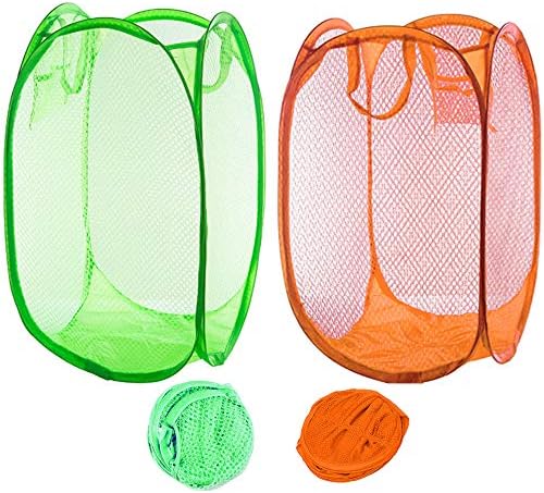 Qtopun Mesh Popup Laundry Hamper, Foldable 2 Pack Portable Dirty Clothes Basket Collapsible Dirty Clothes Hamper for Bedroom, Kids Room, College Dormitory and Travel (Green+Orange)