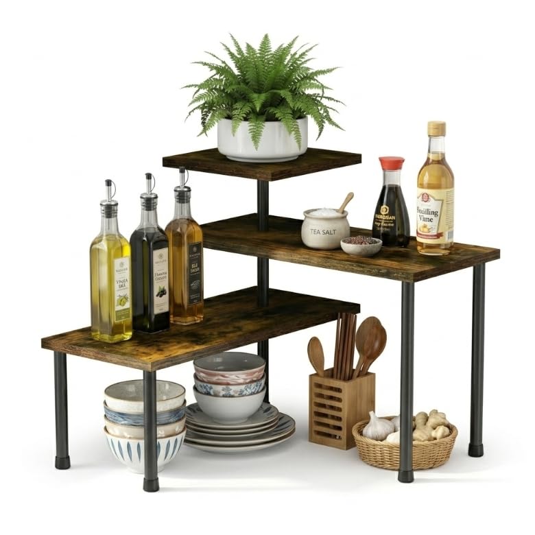ONZGOIN 3 Tier Kitchen Corner Shelf Organiser, Adjustable Countertop Spice Rack, Wooden Worktop Storage for Bathroom, Coffee Bar, Pantry, Over Sink - No Drilling