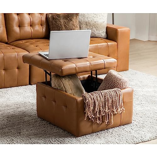 Hulala Home Genuine Leather Sectional Sofa Couch, Comfy Sectional Sofa W/Storage Ottoman, 3-Seater Sleeper Sectional Sofa, Mid-Century Modern Upholstered Couch For Living Room, Apartment, Camel #TOP2