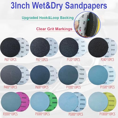 137Pcs 3 Inch Sanding Disc Polishing Kit, Headlight Restoration Kit, 60-10000 Grit Wet Dry Hook & Loop Sandpapers, Wool Sponge Polishing Pads for Drill Rotary Tools Car Wood Metal Resin Glass