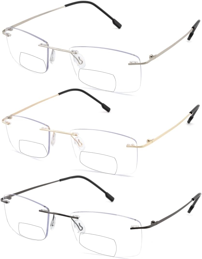 Bifocal Rimless Readers Blue Light Proof Reading Glasses Women Men Reduce Eyestrain Utra-Lightweight Eyeglasses