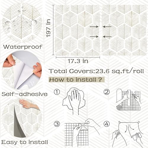 Image of OSECAGE Geometric Peel and Stick Wallpaper Boho Contact Paper 17.3''x197'' | Modern Self Adhesive Wallpaper Removable White and Beige Wall Paper Decorative for Bedroom Bathroom Cabinets Decor Vinyl Roll