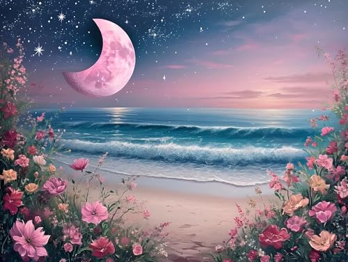 Pintar por Numeros Luna Océano Pintura por Numeros Niños, Principiantes Manualidades para Adultos Kit de Pintura al óleo de Lienzo para con Pinceles, Decoración Hogar Regalo 80x100cm (Sin Marco) q-464