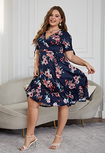 Image of Keluummi Plus Size Summer Wedding Guest Midi Dresses for Curvy Women, Floral V Neck Party Sundress
